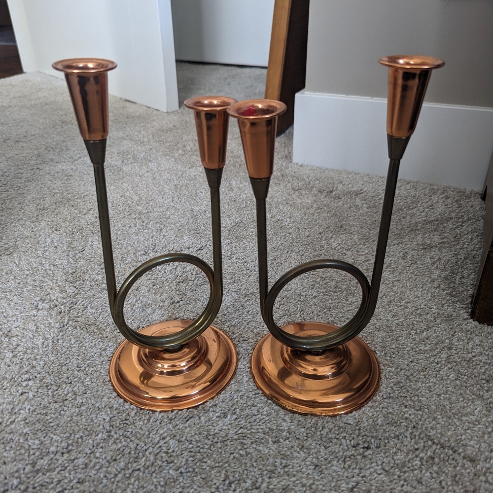 Vintage Coppercraft Guild Copper &Brass Double CandleHolder Set of 2